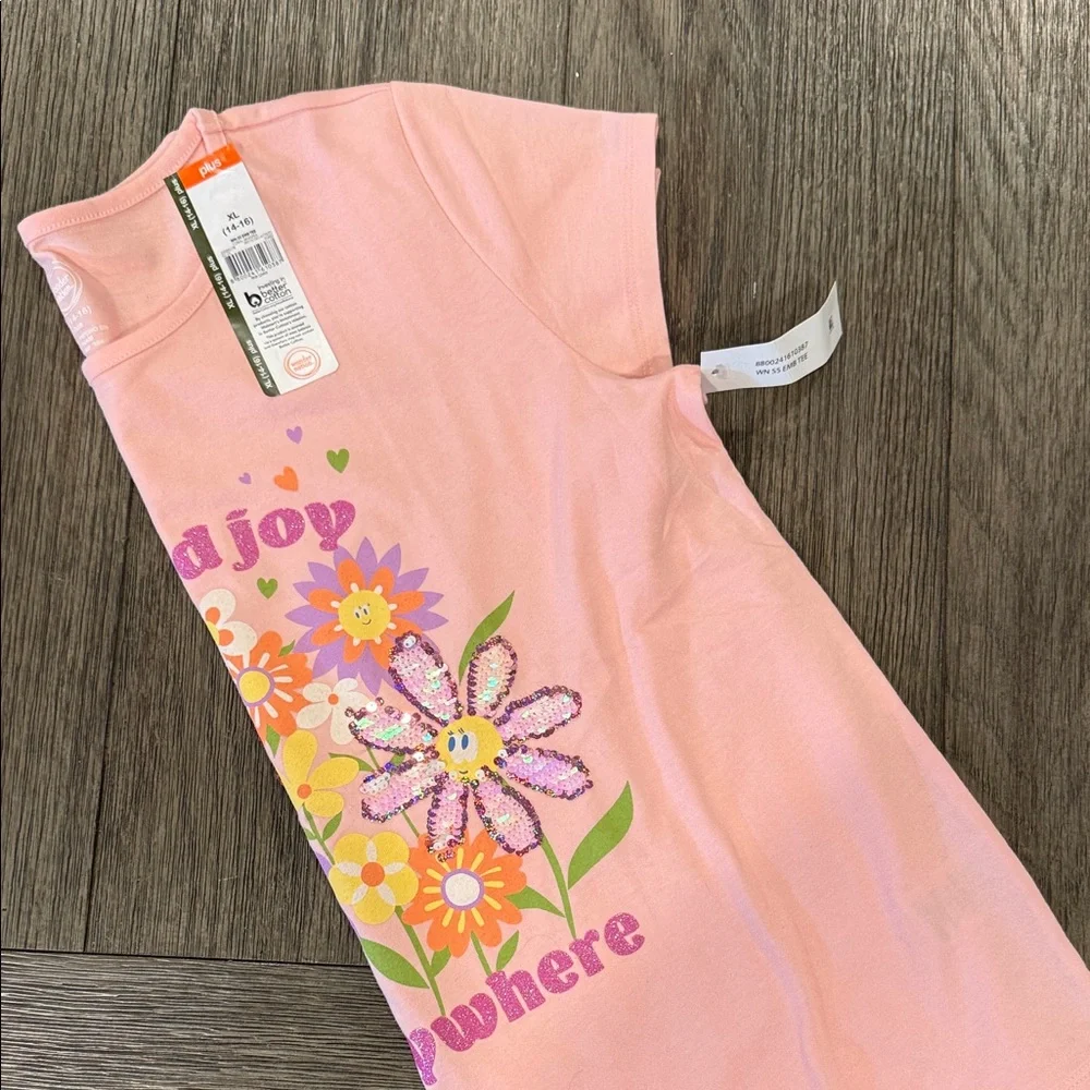 Wonder Nation Pink 'Find Joy' Floral Tee Girls XL 14/16 Plus NEW